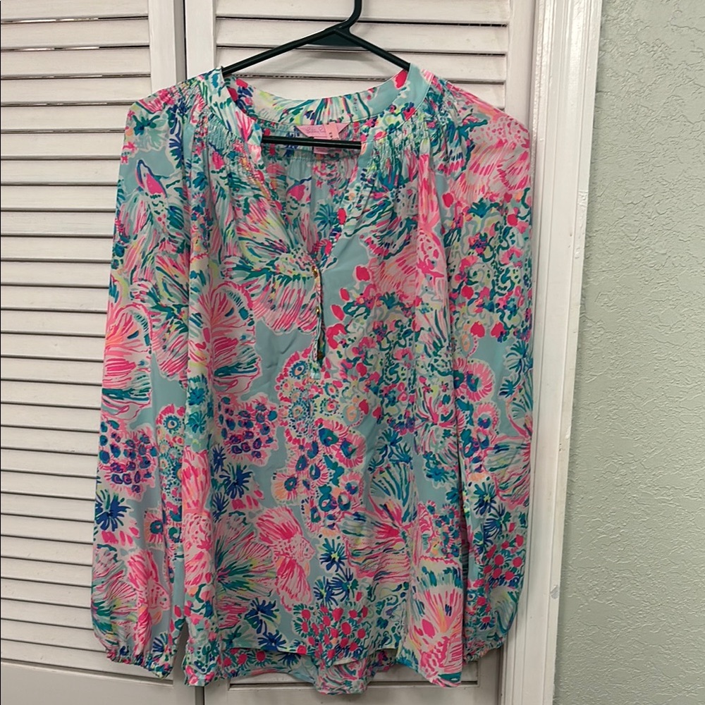 Lilly Pulitzer Pink and Green Relaxed Blouse with Mandarin Collar